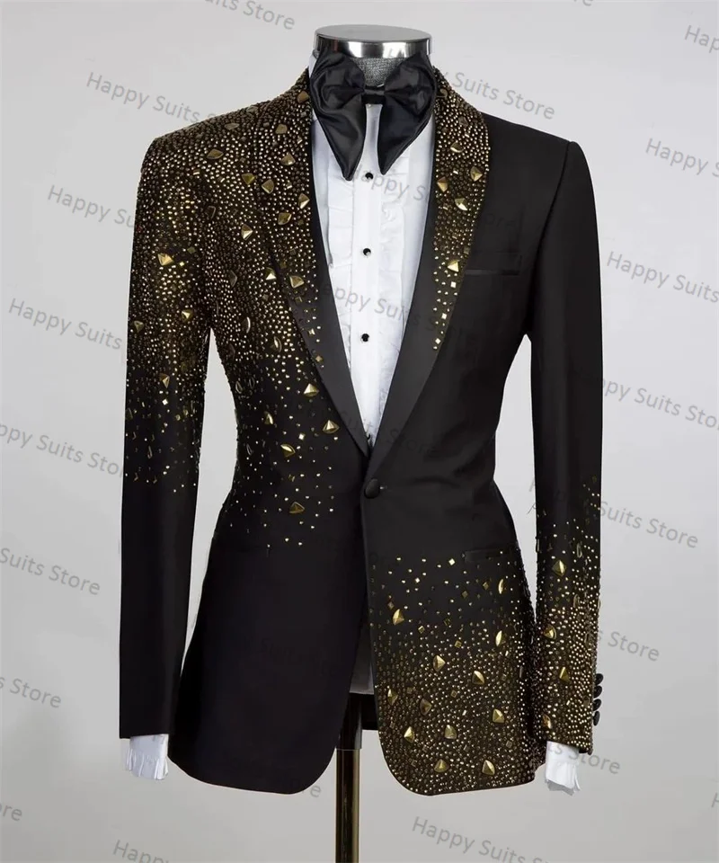 

Golden Crystals Men Suit Set 2 Pieces Black Blazer+Pant Formal Work Office Male Jacket Prom Coat Trousers Groom Wedding Tuxedos