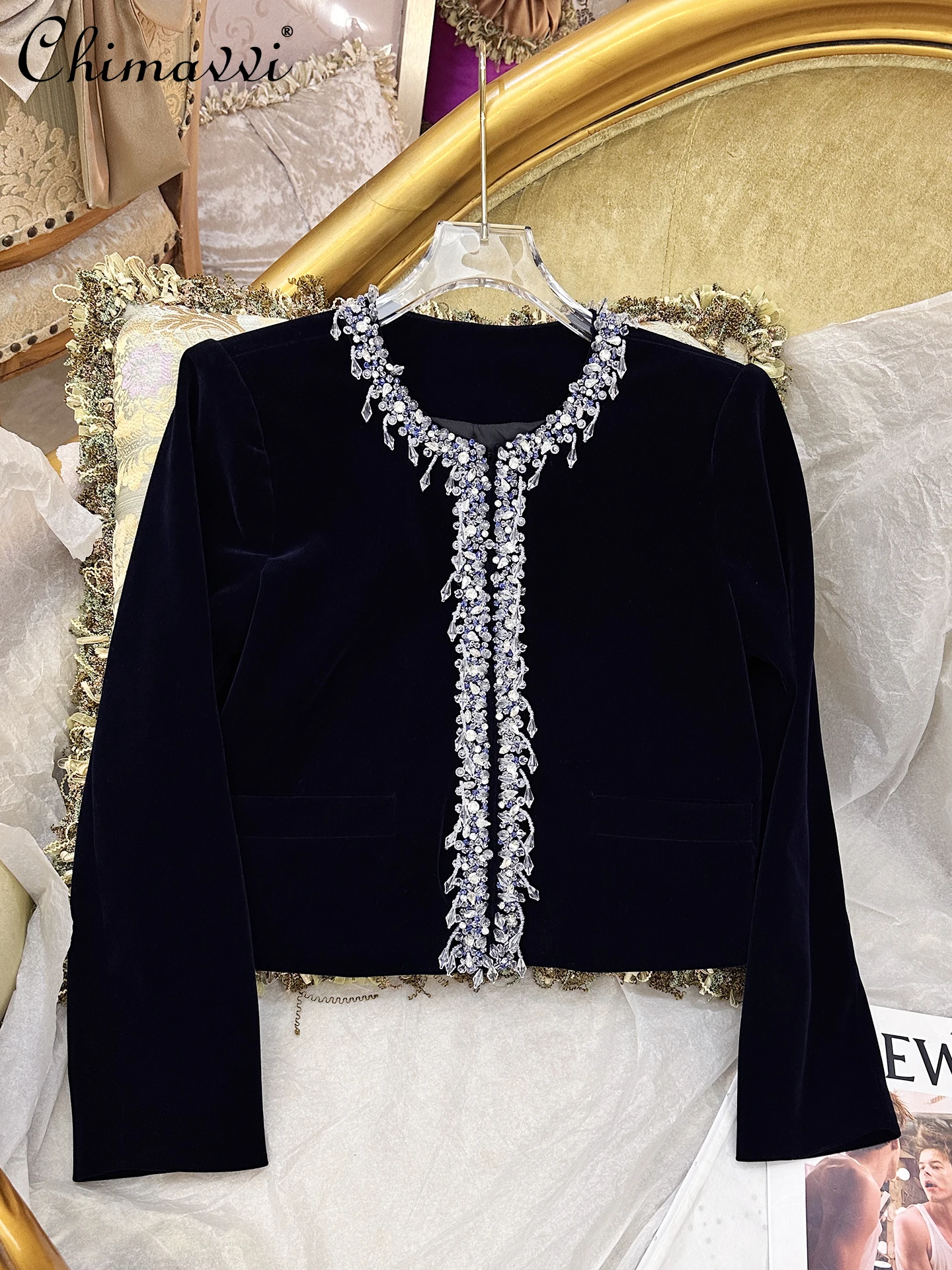 

Autumn New High-end French Navy Blue Long-sleeve Slim Velvet Jacket High-waisted Short Skirt Luxury Beaded Women's Two-piece Set