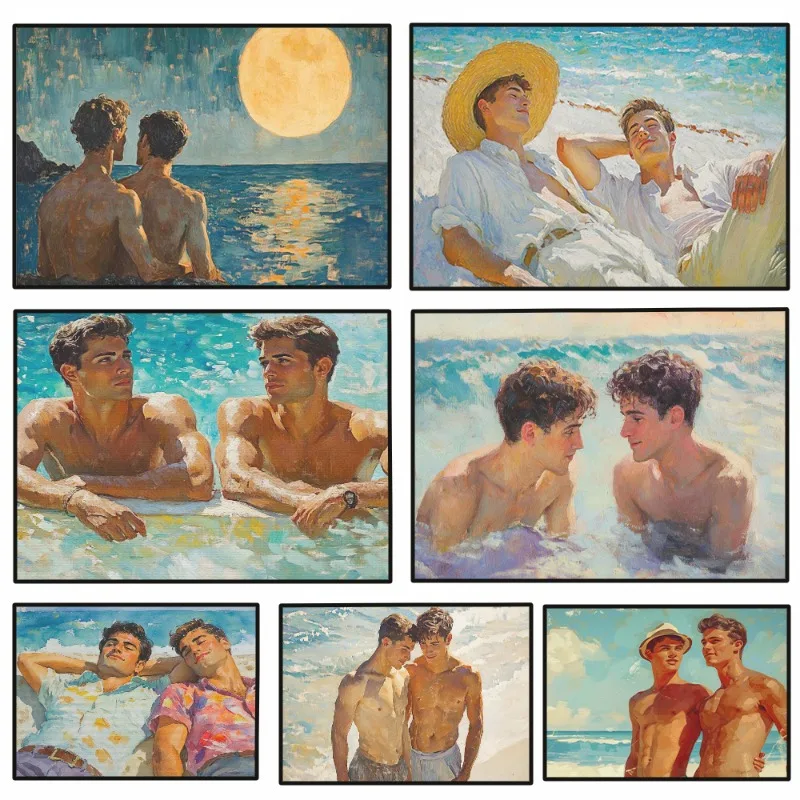 Gay Love Couple Poster Seaside Men Kiss and Hug Art Canvas Painting Print LGBTQ Wall Art Picture for Living Room Home Decoration