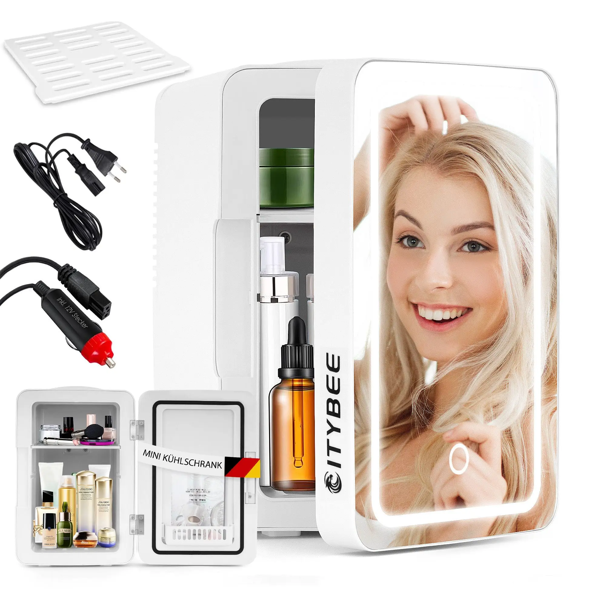 Mini nevera con espejo de 6 litros, blanca, portátil, silenciosa, con luz LED, para el cuidado de la piel y cosméticos