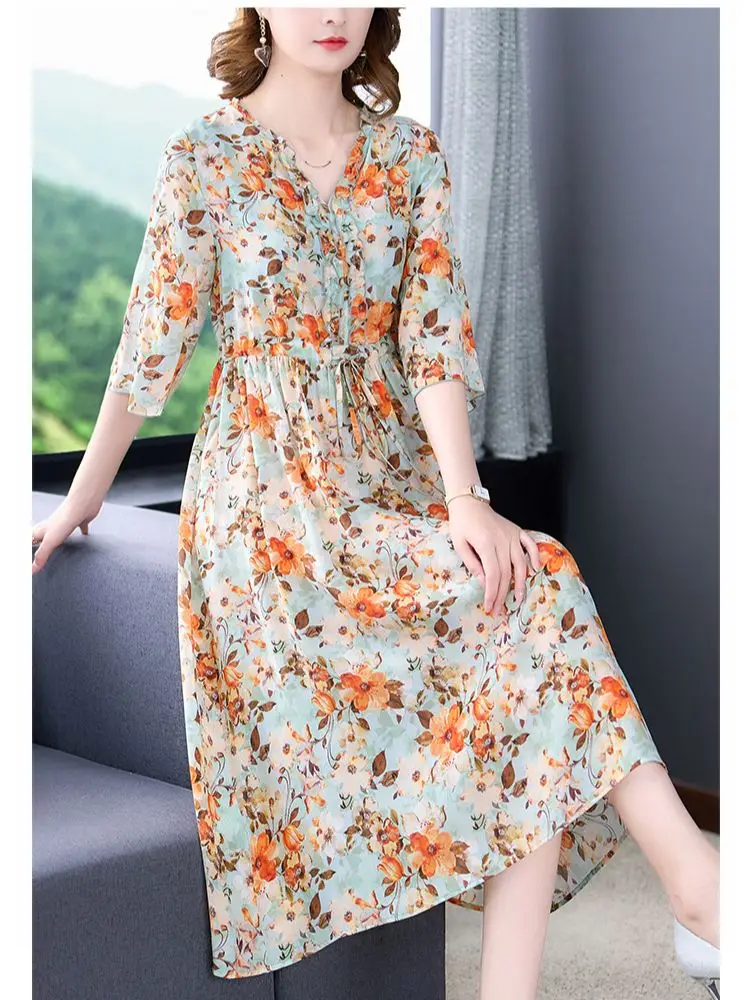 2023 Nova Moda De Seda Vestido Impresso Verão das Mulheres Elegante V-Neck Fragmentado Flor Solto Fit Casual Holiday Dress Vestidos