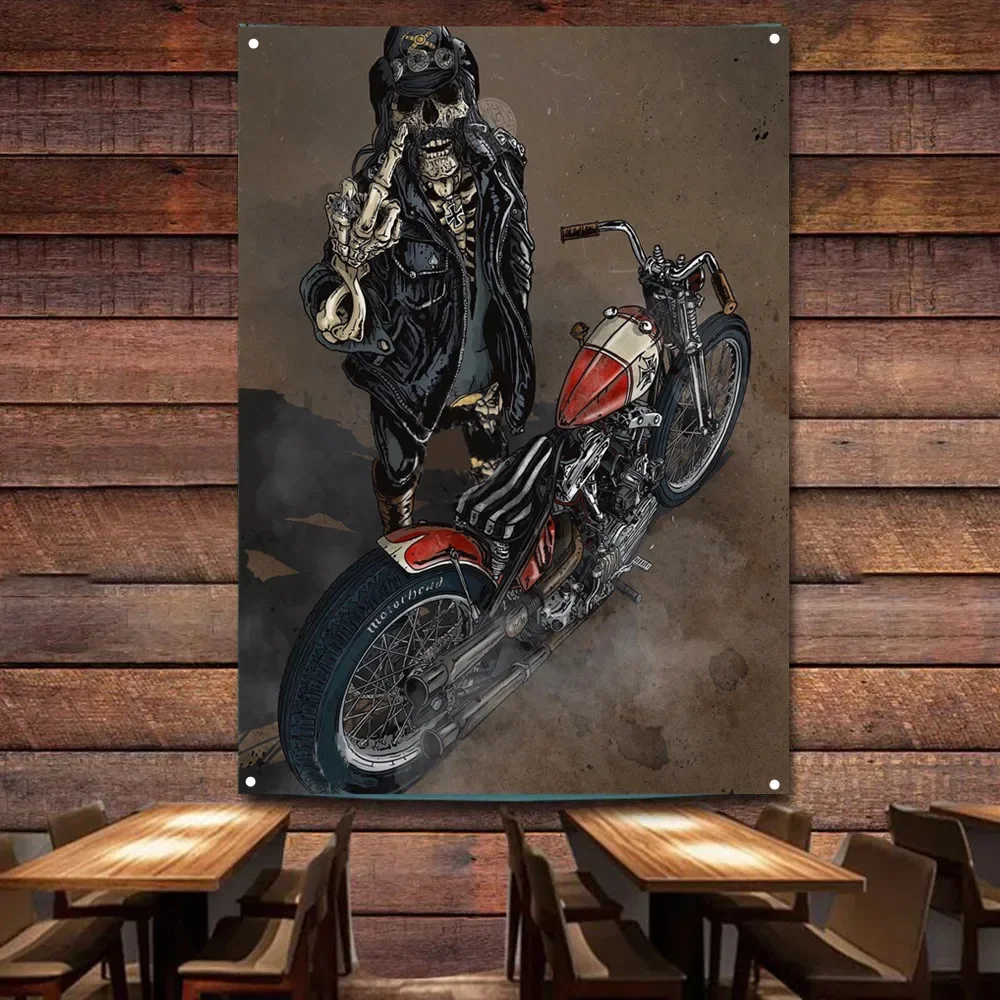 

Skeleton provocative gesture Vintage Banner Motorcycle Painting for Garage Gas Station Man Cave Auto Repair Shop Decor Poster