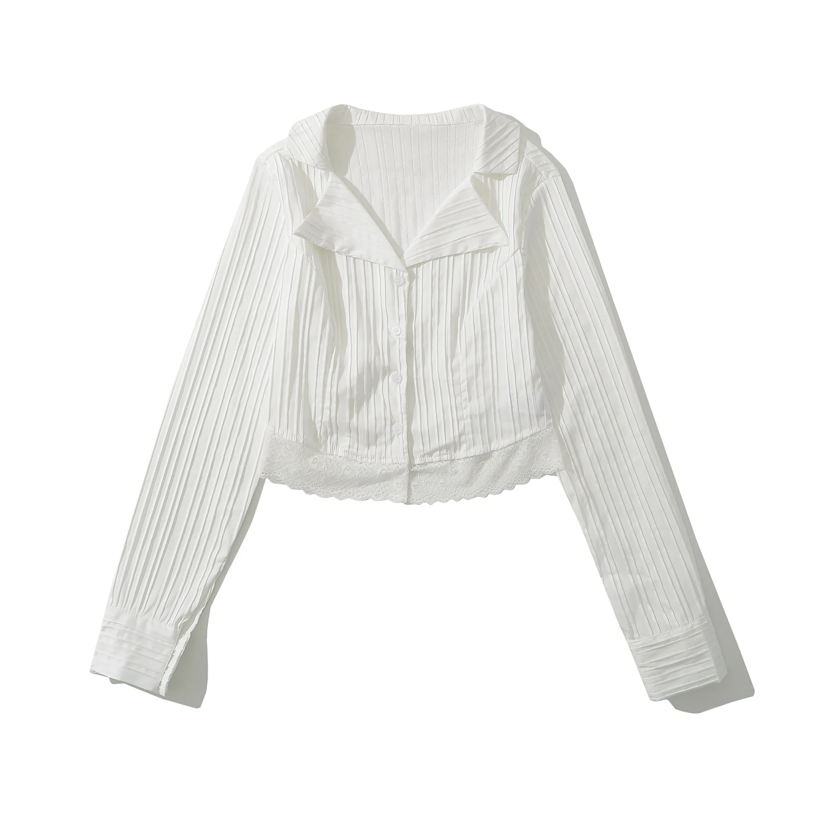 2024 Sexy White Notched Collar Press Pleated Stripes Shirt Women Lapel Front Open Buttons Spliced Lace Hem Crop Tops Blouses