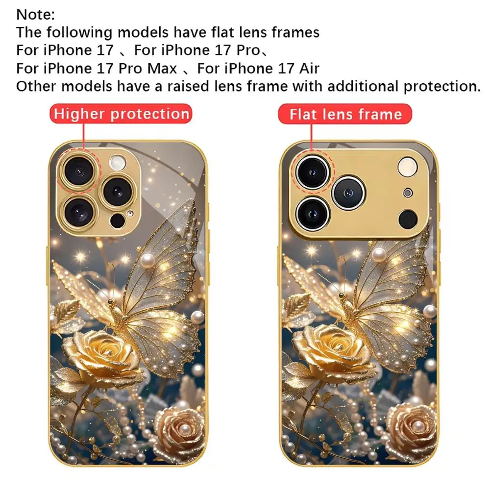 Cool Elegant Golden ButterflyRose Pearl Phone Case For iPhone17 16 15 14 13 12 11Pro Max Plating Frame Anti-Fall Glass BackCover