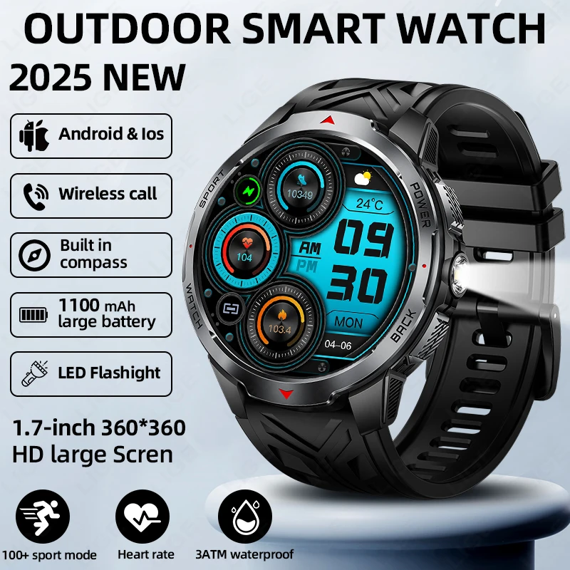 

LIGE New Smart Watch Men 1100mah Ultra Long Battery Life Compass Flashlight BT Call 3ATM Waterproof Sports Fitness Smartwatch