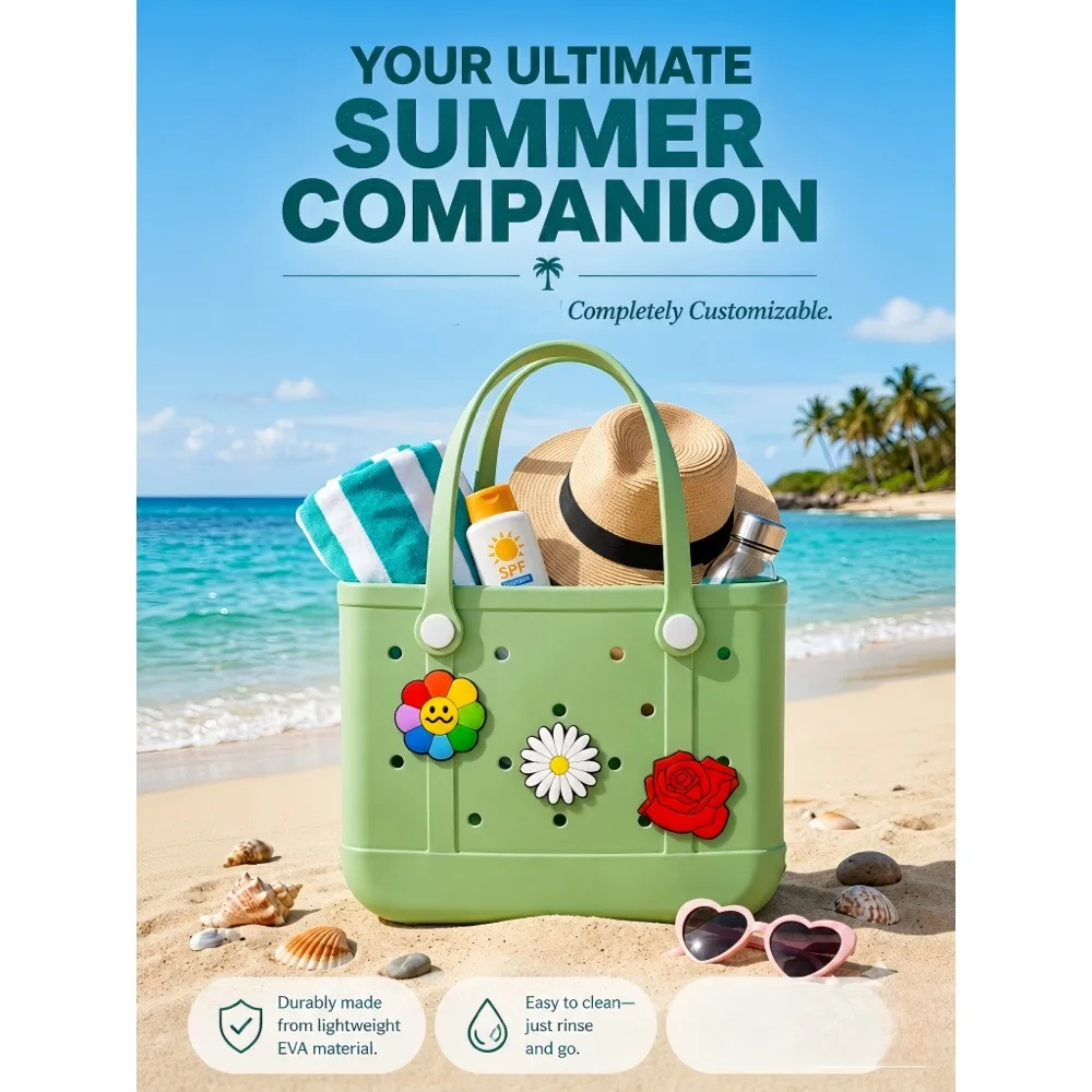 Ladies Oversized Rubber Beach Bag Handbag, Sand-Proof Travel Handbag for Beach Outdoor Sports Free Gift of DIY Accessories view 2