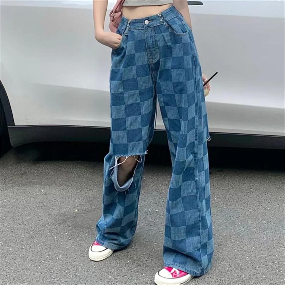 PLAMTEE Hole Women Jeans Chessboard Plaid Loose Wide Leg 2023 High Waist Summer Office Lady Vintage Casual All Match Denim Pants