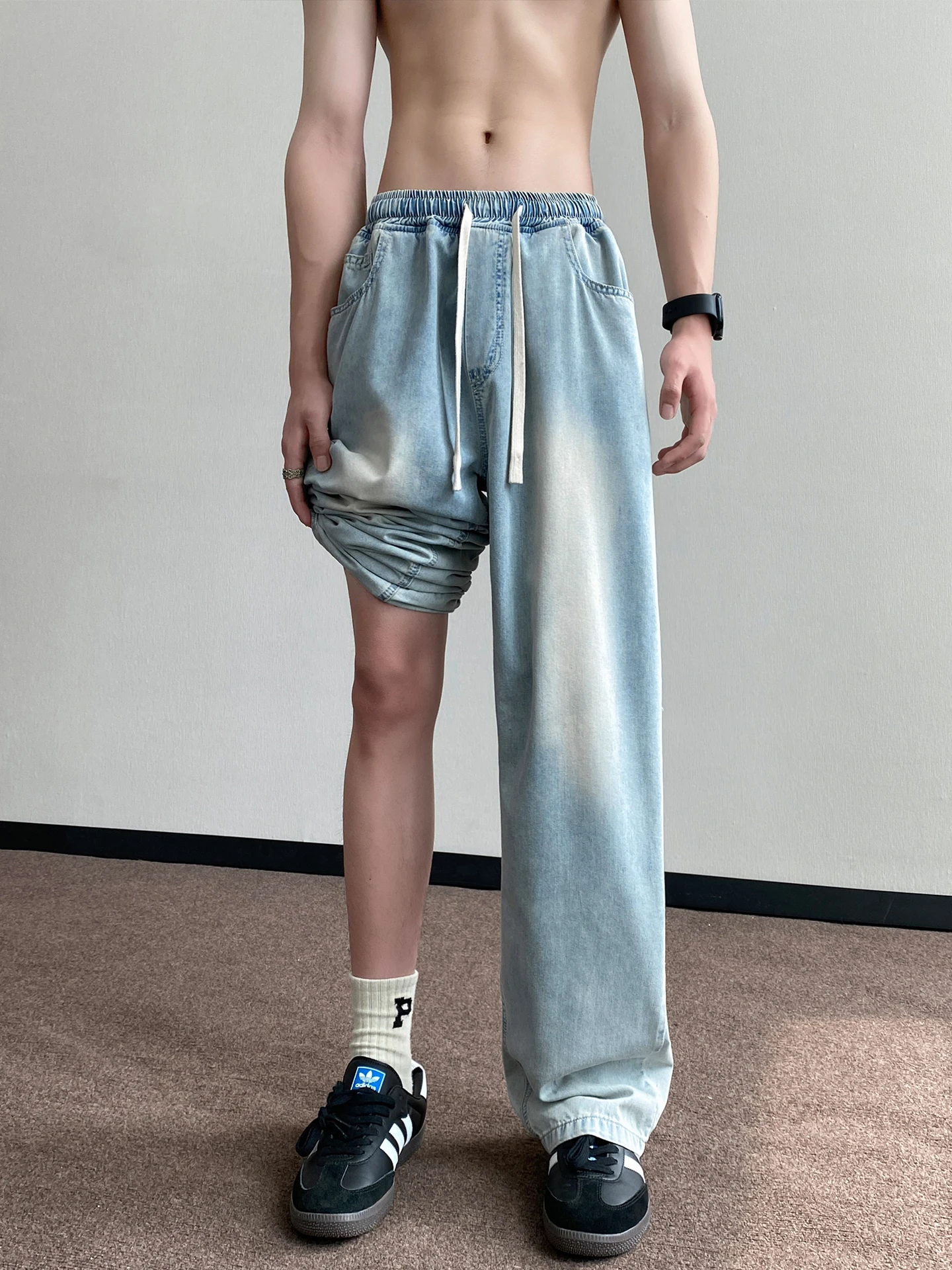 

Waed Light Blue Men's Silk Denim Jeans Spring Summer Thin Retro Straight Loose Casual Pants Breathable Cool Sensation