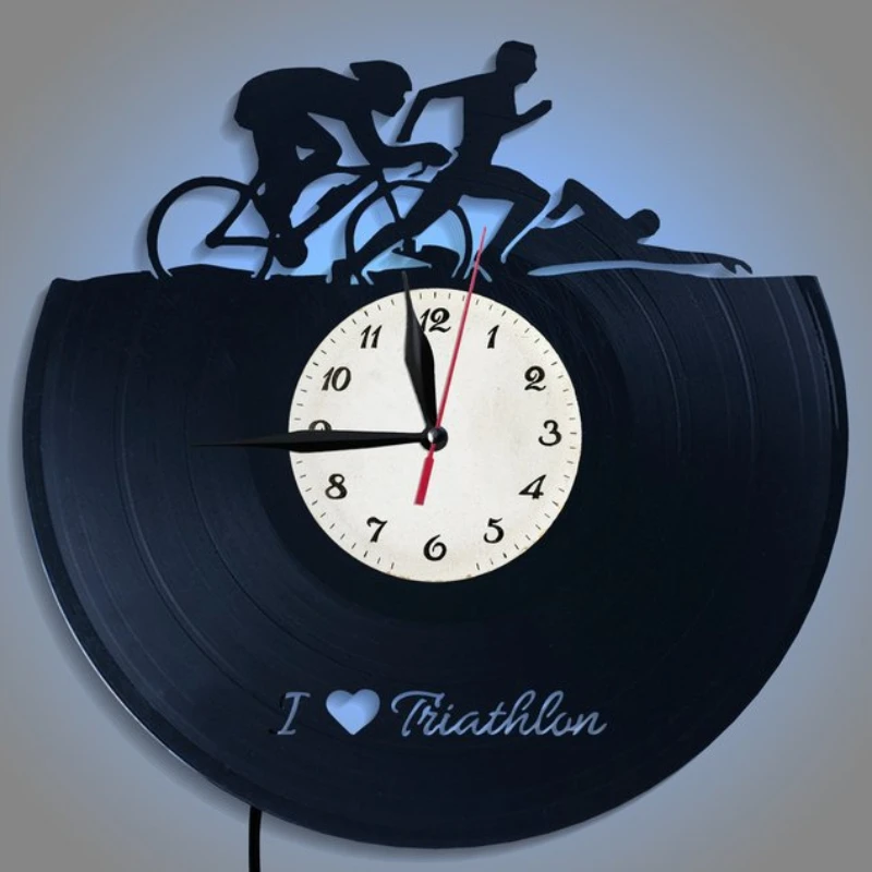 I Love Triathlon Wall Clock Swimming Running Cycling Vinyl Record Wall Clock Sport 3D Wall Watches Time Clock Modern Home Decor