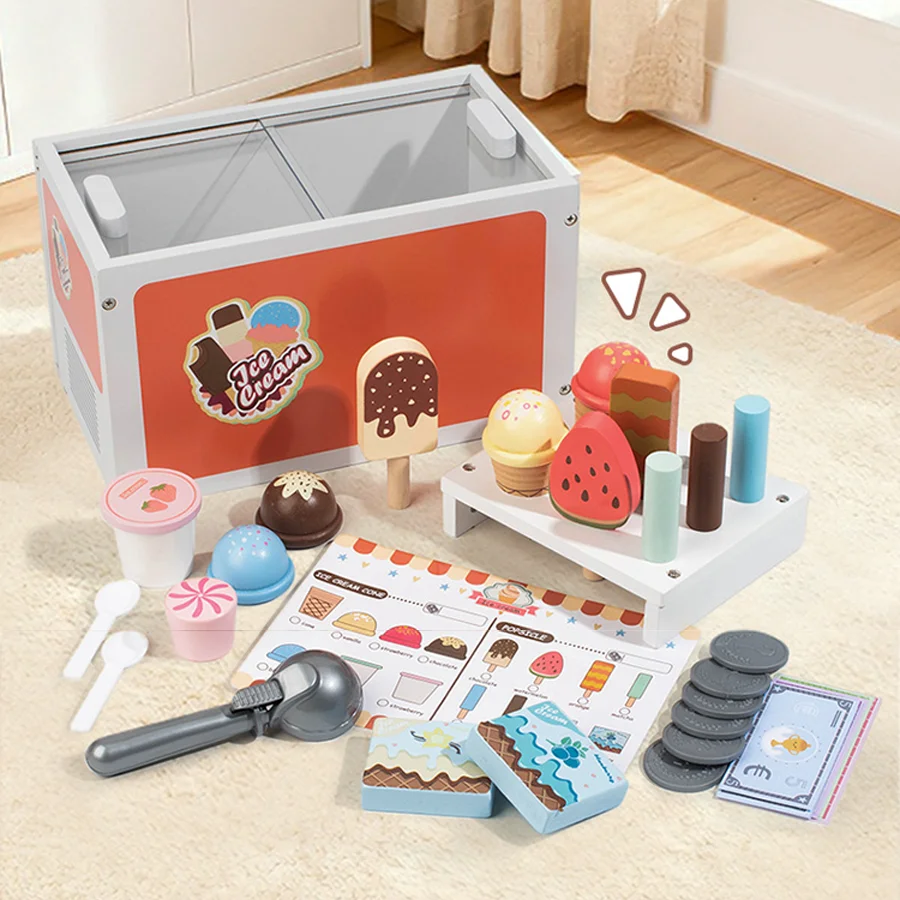 

Children Pretend Play Toys Wooden Simulation Role Play Game Freezer Refrigerator Ice Cream Selling Montessori Educational Toys