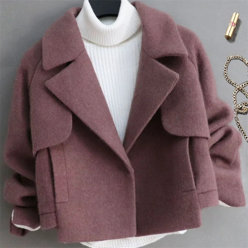 2024 Autumn/Winter New Korean Version Slim Blazer Short stature Girl Coat Women's Short Slim Versatile Woolen Jacket Coat Pink