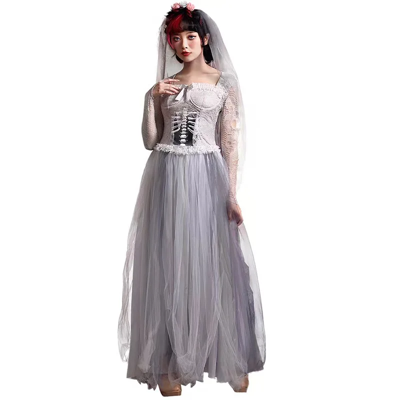 Grey Women Skeleton Corpse Bride Cosplay Female Halloween Ghost Zombie Costumes Carnival Purim Parade Role Playing Party Dress