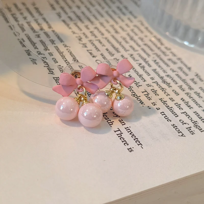 Super Sweet Pink Bow Earrings S925 Silver Needle Sweet Girl Heart Candy Bead Earrings Summer Fresh Earrings