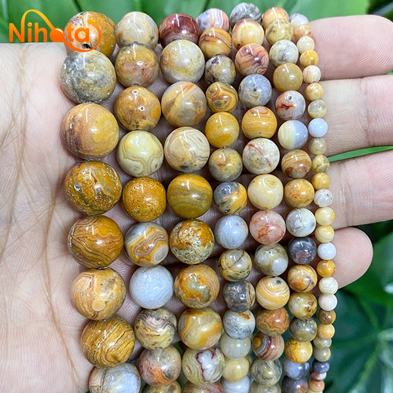 

Smooth Natural Yellow Crazy Lace Agates Round Loose Beads DIY Bracelet Accessories For Jewelry Making 15'' Strand 4/6/8/10/12MM