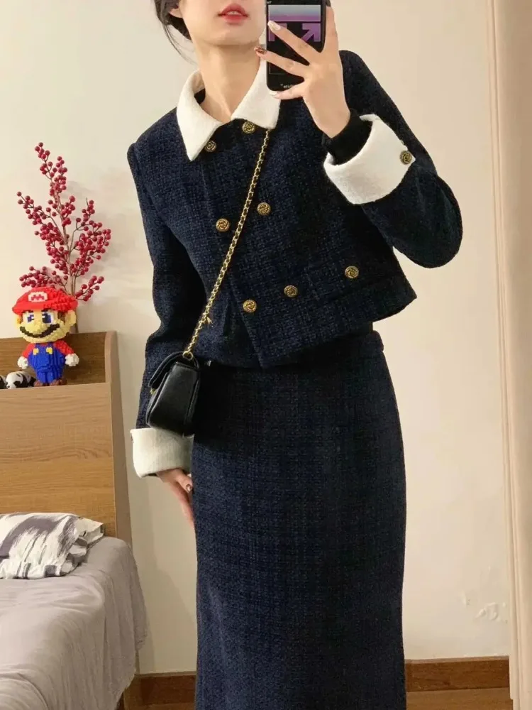 Insozkdg Tweed Short Coat Skirt 2 Piece Sets Women Outfit 2024 Autumn Winter New Elegant Wool Blend Jacket Two-piece Skirts Set