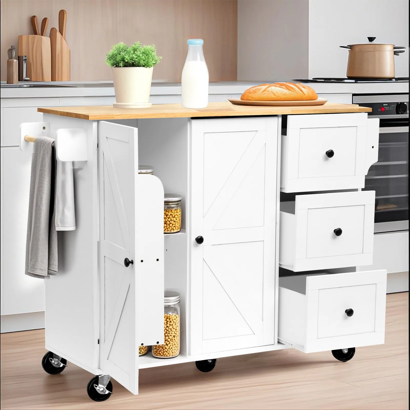 

Kitchen Island Cart on Wheels with Storage Drawer Rolling Kitchen Trolley Wooden
