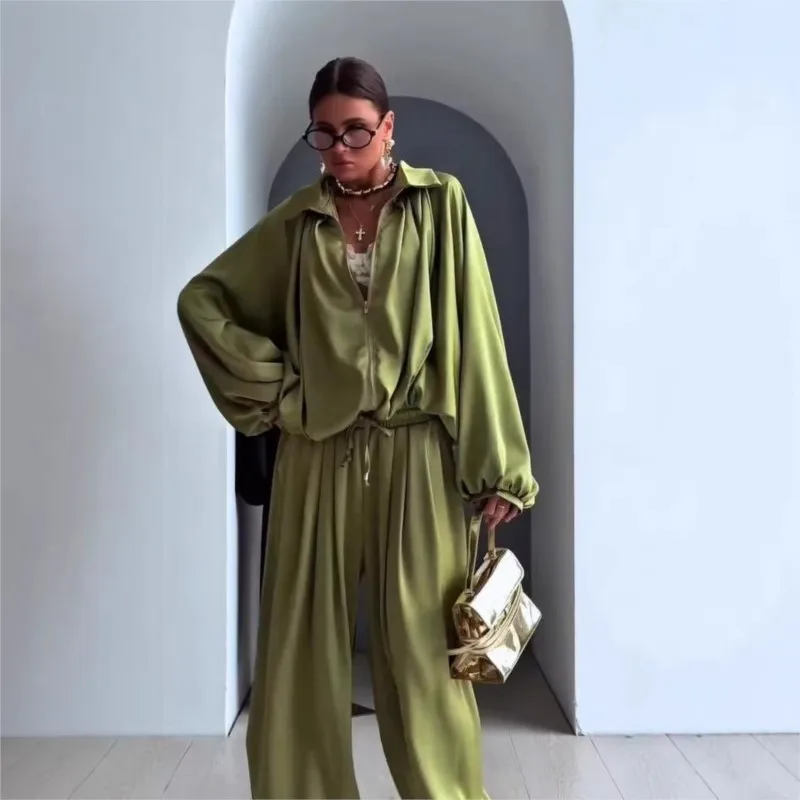 Spring Autumn Long Sleeve Two Piece Set Woman Outfit 2026 Fashion Solid Color Loose Tops And Wide Leg Pants Sets Casual - view 3