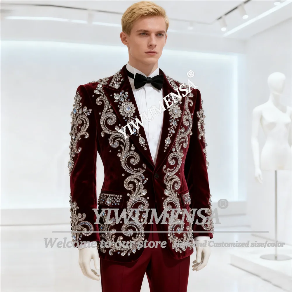 

Блестящий свадебный смокинг для жениха с бриллиантами и бисером, бархатные пиджаки для выпускного вечера, комплекты из 2 предметов по индивидуальному заказу, деловые мужские наряды, роскошные