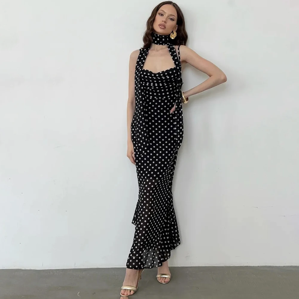 Tuularose Elegant Polka Dot Long Dress Summer Scarf Ribbon Ruffle Halter Pleated Dress Luxury Sleeveless Women's Evening Dresses