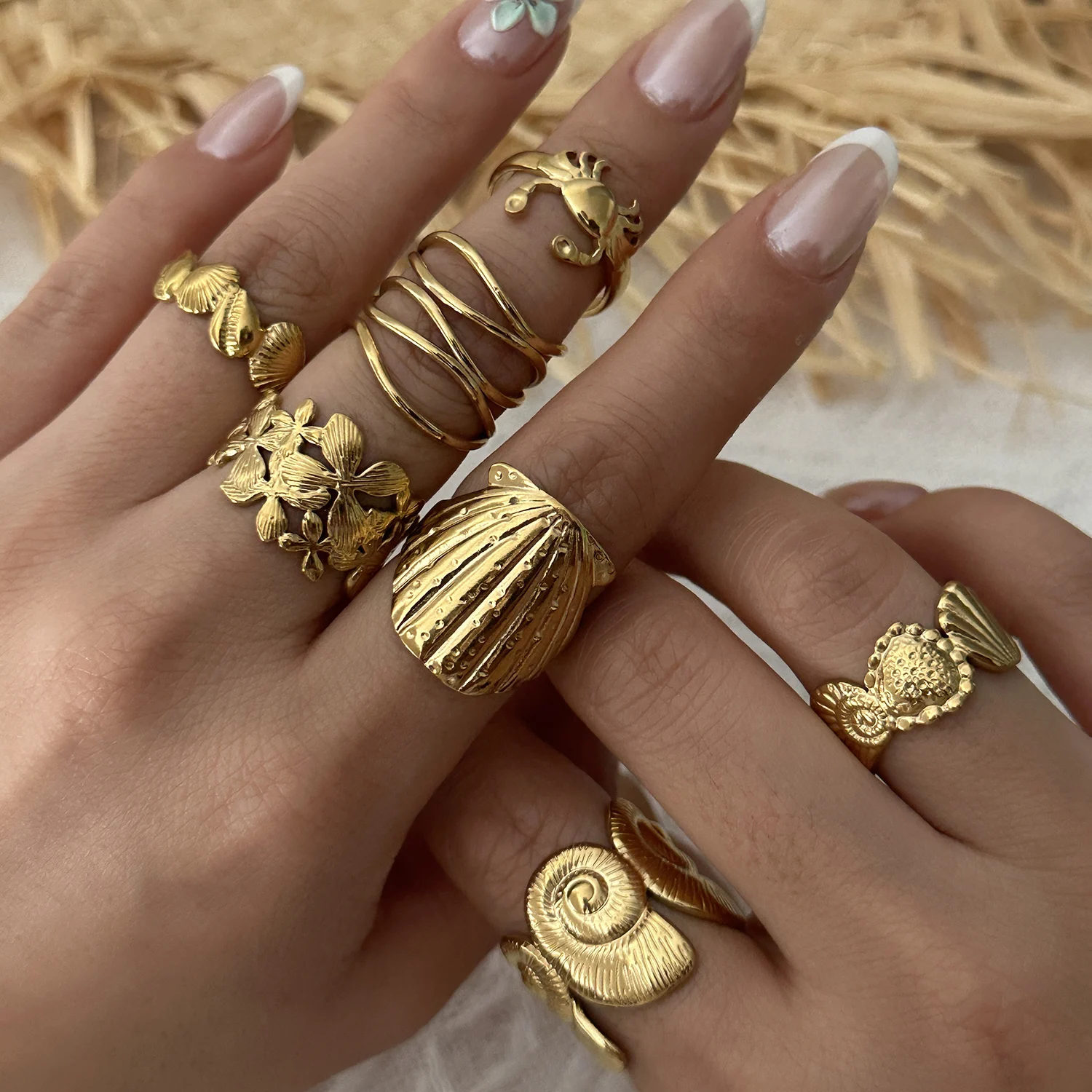 Stainless Steel Ocean Theme Open Ring Set for Women Unique Design Shell Starfish Conch Crab Stackable Finger Ring  Beach Jewelry