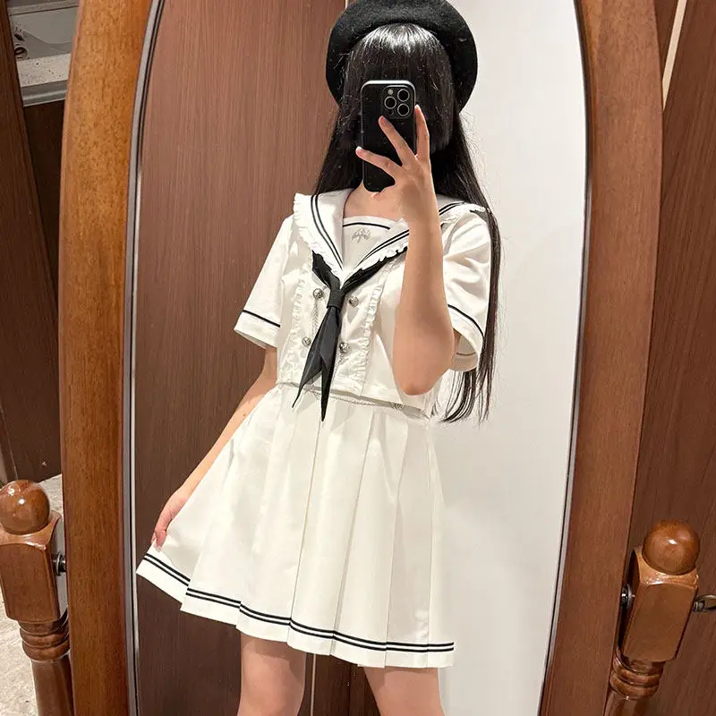 

Navy Collar Sailor Uniform Skirt Set Subculture Bow Tie Set Lace Black and White JK College Style Two Piece Sets Womens Outifits