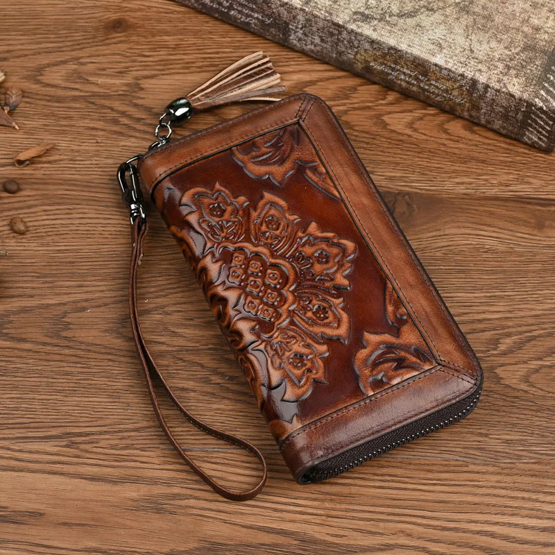 Vintage Floral Carved Long Wallet, Head Layer Cowhide Purse with Zipper for Phone