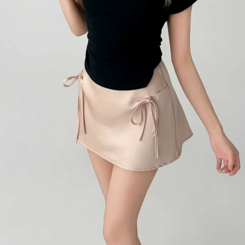 Solid Mini Skirts Women Summer Sweet Girls Bow High Waist Slim Leisure All-match A-line Korean Fashion Temperament Gentle Chic