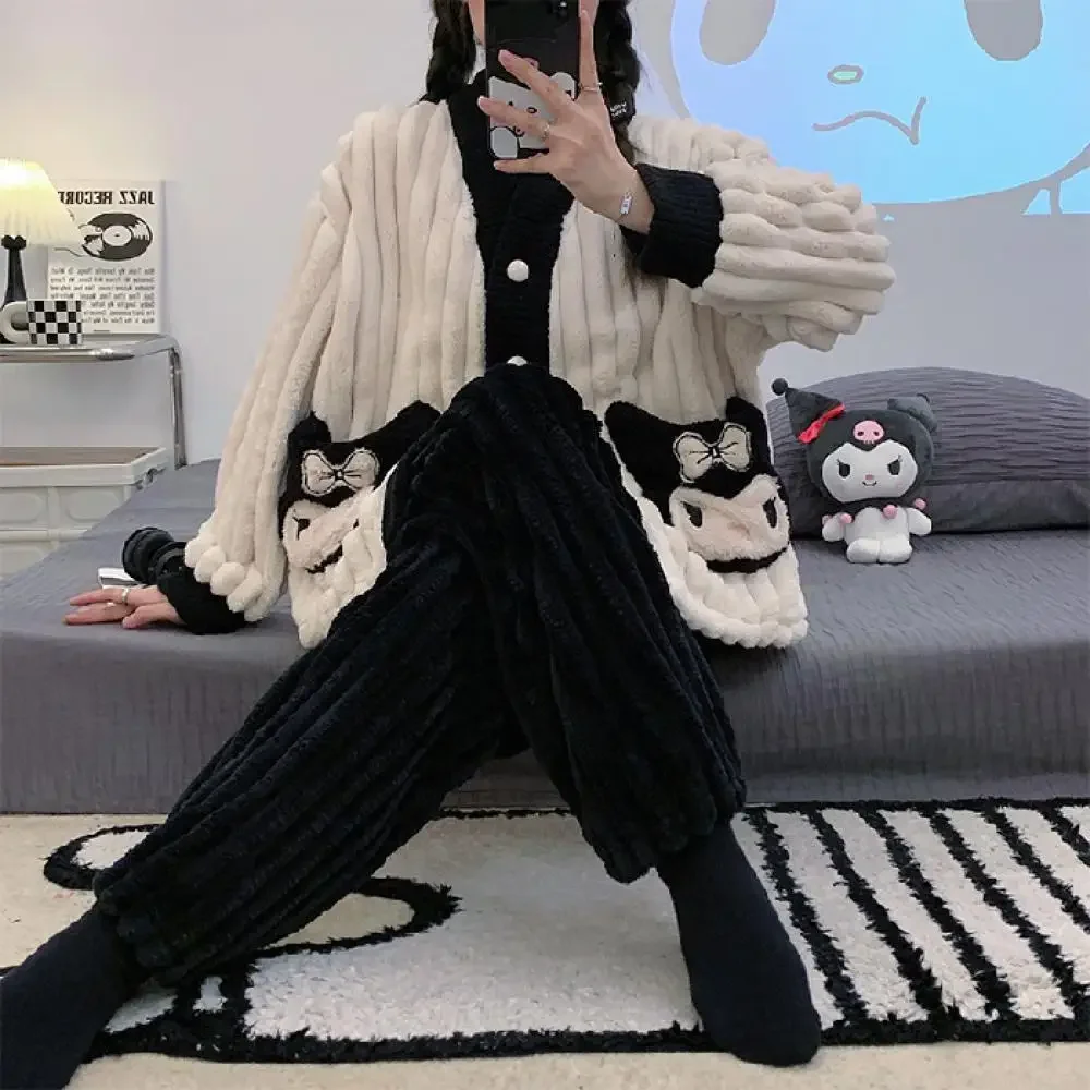 Kawaii Sanrioed Kuromi Women\'s Pajama Set Anime Cartoon Coral Velvet Cardigan Thickened Long Sleeve Warm Pajamas Winter Homewear