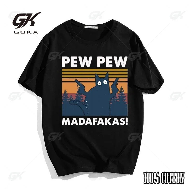 New Pew Pew Madafakas T Shirt Novelty Funny Cat Vintage Crew Neck Men'S T-Shirt Funny Shirt