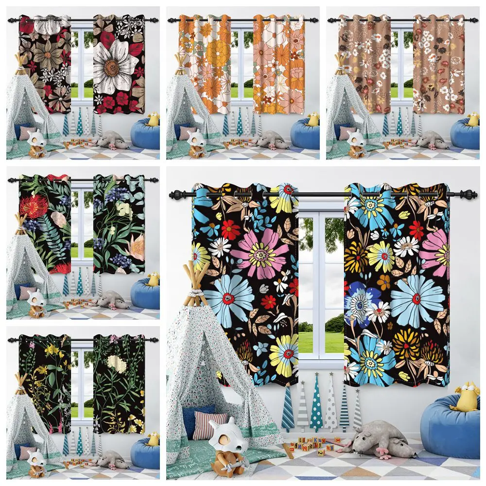 

Boho Floral Blackout Curtains for Bedroom Flowers Curtain Living Room Decor Grommet Hanging Room Darkening Window Drapes 2 Pcs