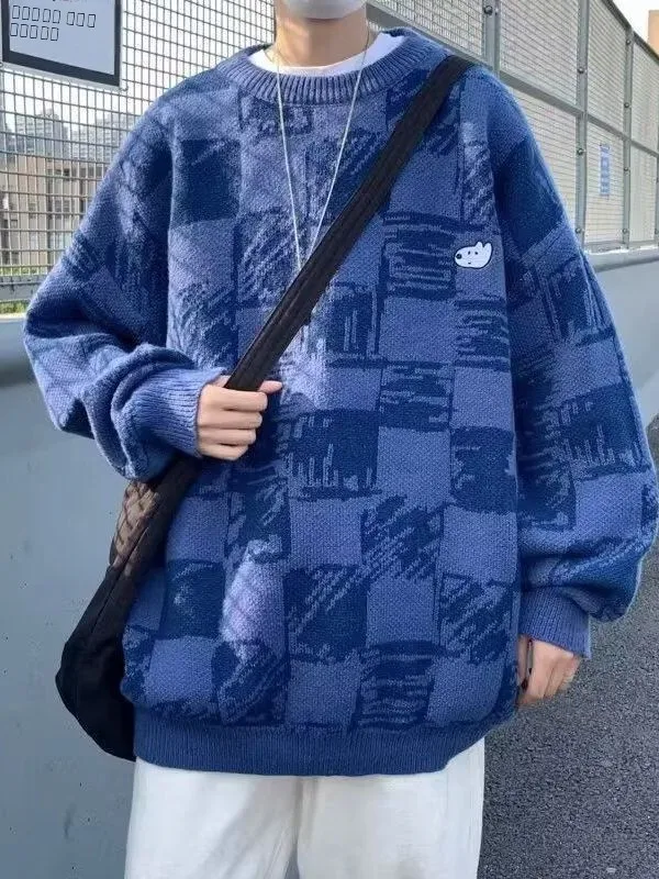 

Мягкий вязаный свитер в клетку для пар, повседневный, осенне-зимний, из полиэфирного волокна, с длинными рукавами, круглым вырезом, без раздражения кожи, с другими функциями