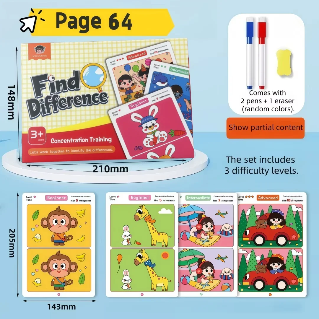 Find Differences Card Game Reusable Cartoon Educational Puzzle for Kids Three Difficulty Levels for Focus and Attention Training image 5