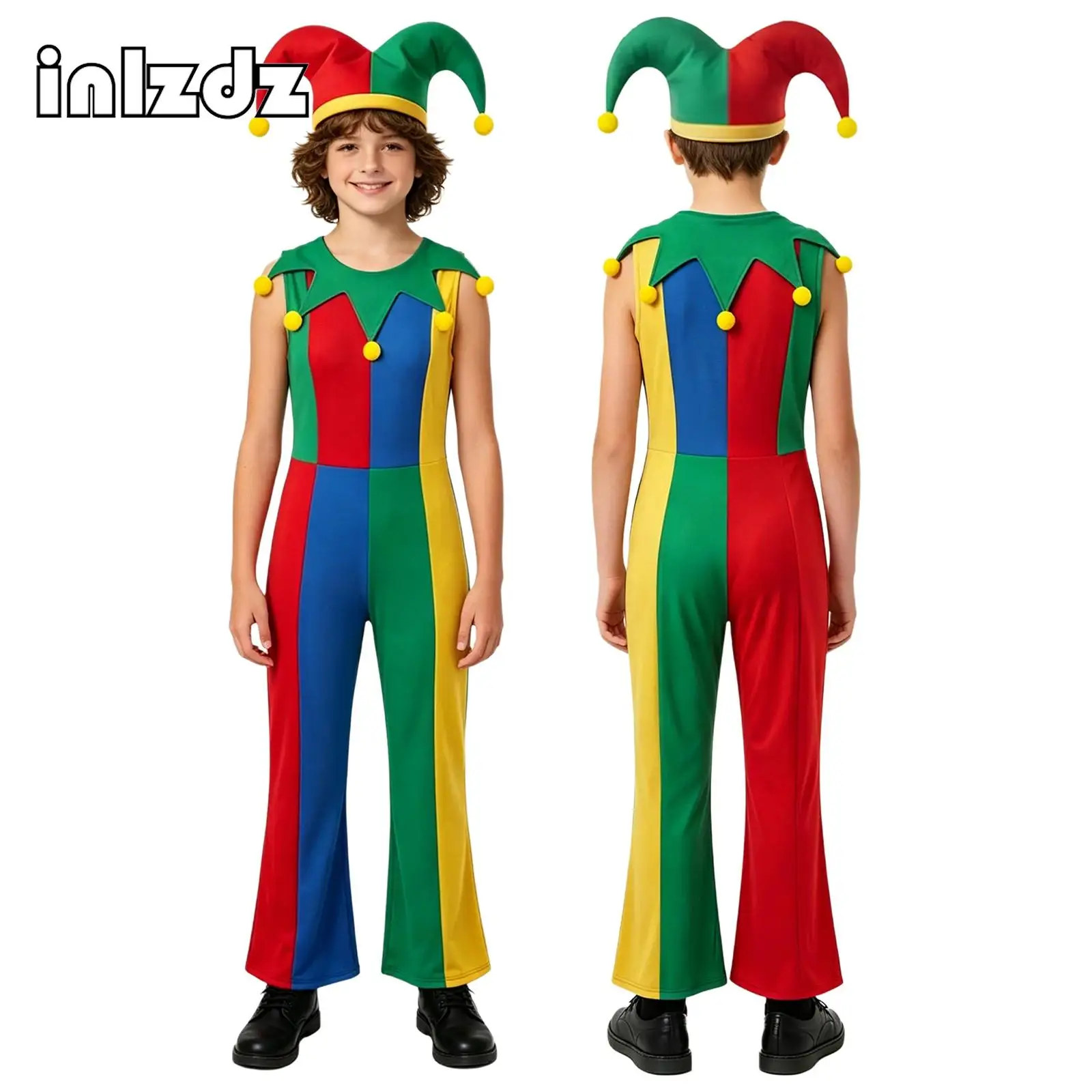 

2026 Fantasia Circus Clown Cosplay Jumpsuit+Hat Costume Or Top Stripe Shorts with Clown Hat Outfits Carnival Party Colorful Suit