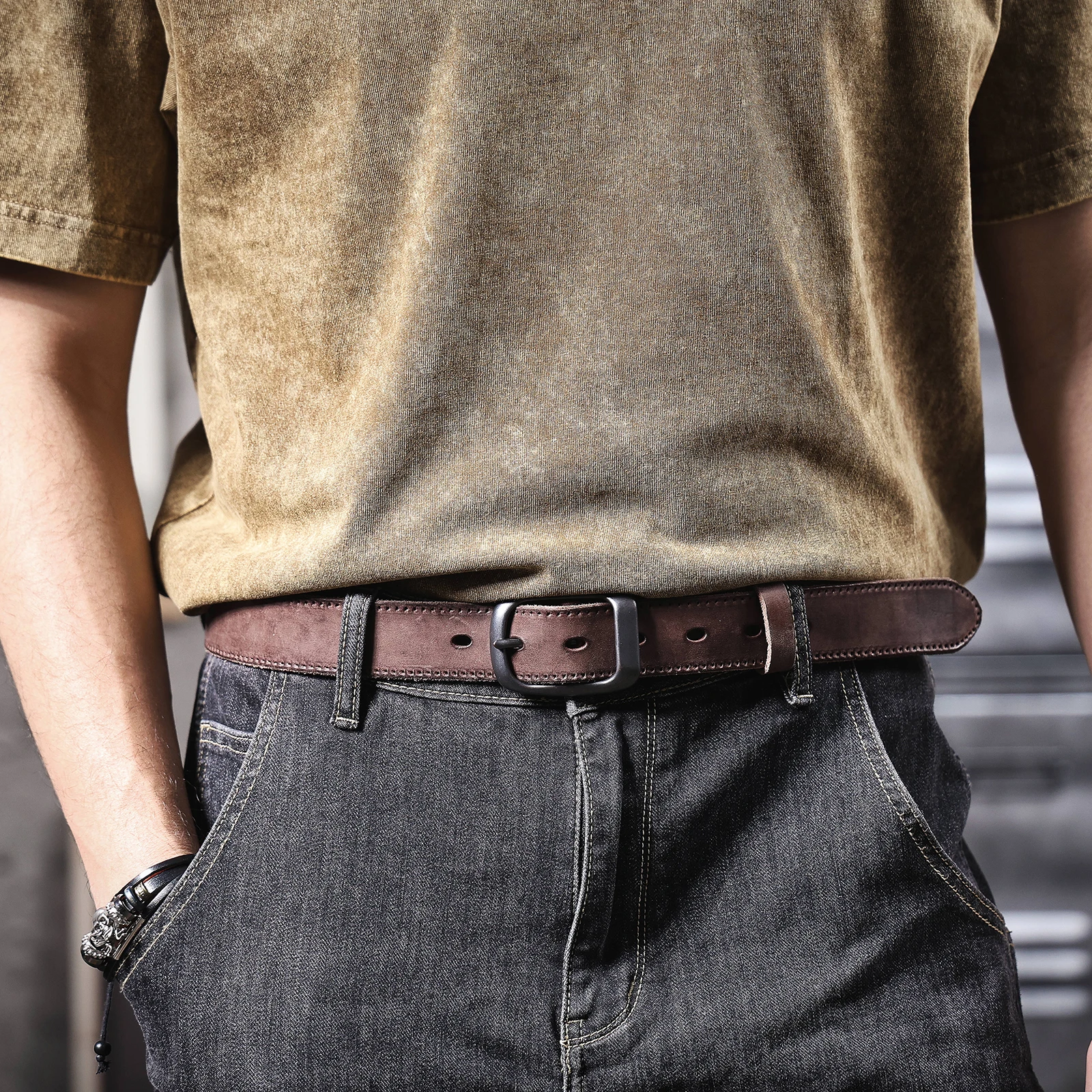 Echtleder-Herrengürtel aus Rindsleder, italienisches dickes Leder mit Geschenkbox, vielseitiger Retro-Jeansgürtel für Herren, ideale Wahl als Geschenk. – Detail 6