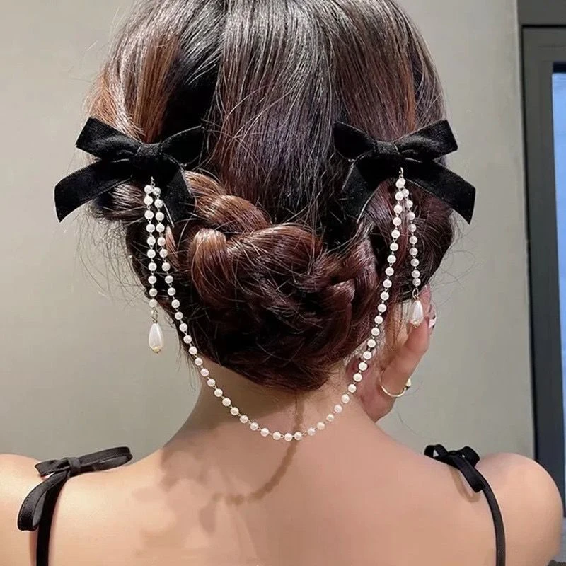 1pc Black Fashion Fringe Elegant Little Fragrance Side Clip Vintage Bow Pearl Chain Hairpin Sweet Hair Embellishments