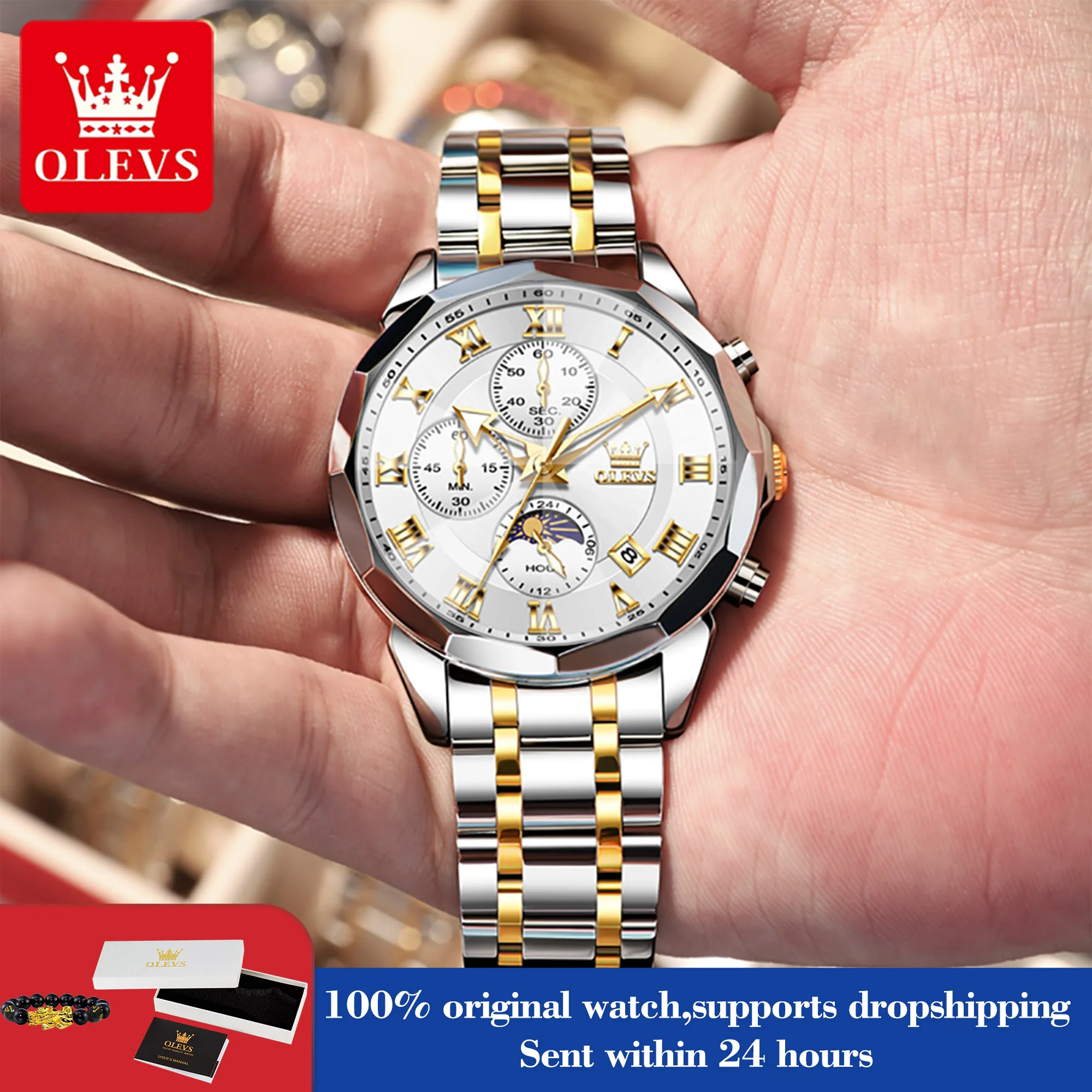 

Часы OLEVS 3675, мужские часы в римском масштабе, роскошные зеркальные хронографы с ромбом, мужские ручные часы с фазой Луны и датой, водонепроницаемые кварцевые часы