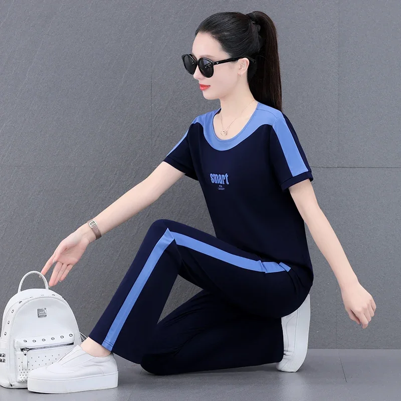 Summer Sports Suit for Women Pant Sets O Neck Shirt and Pants Youthful Woman Tracksuit Outfits Women's Elegant Two Peice Sets