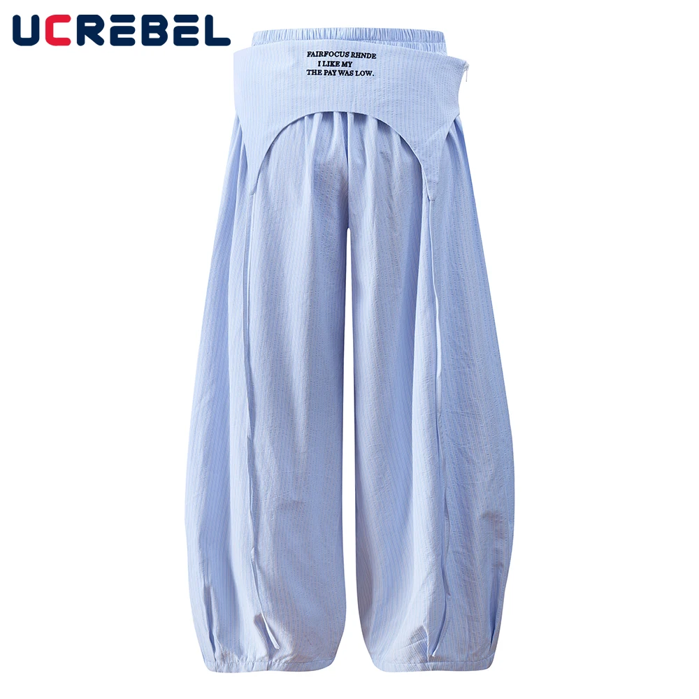 レター刺繍ストライプワイドレッグパンツメンズ取り外し可能バットカーテンヒップホップハイストリートゴムウエストプリーツバギーパンツメンズ