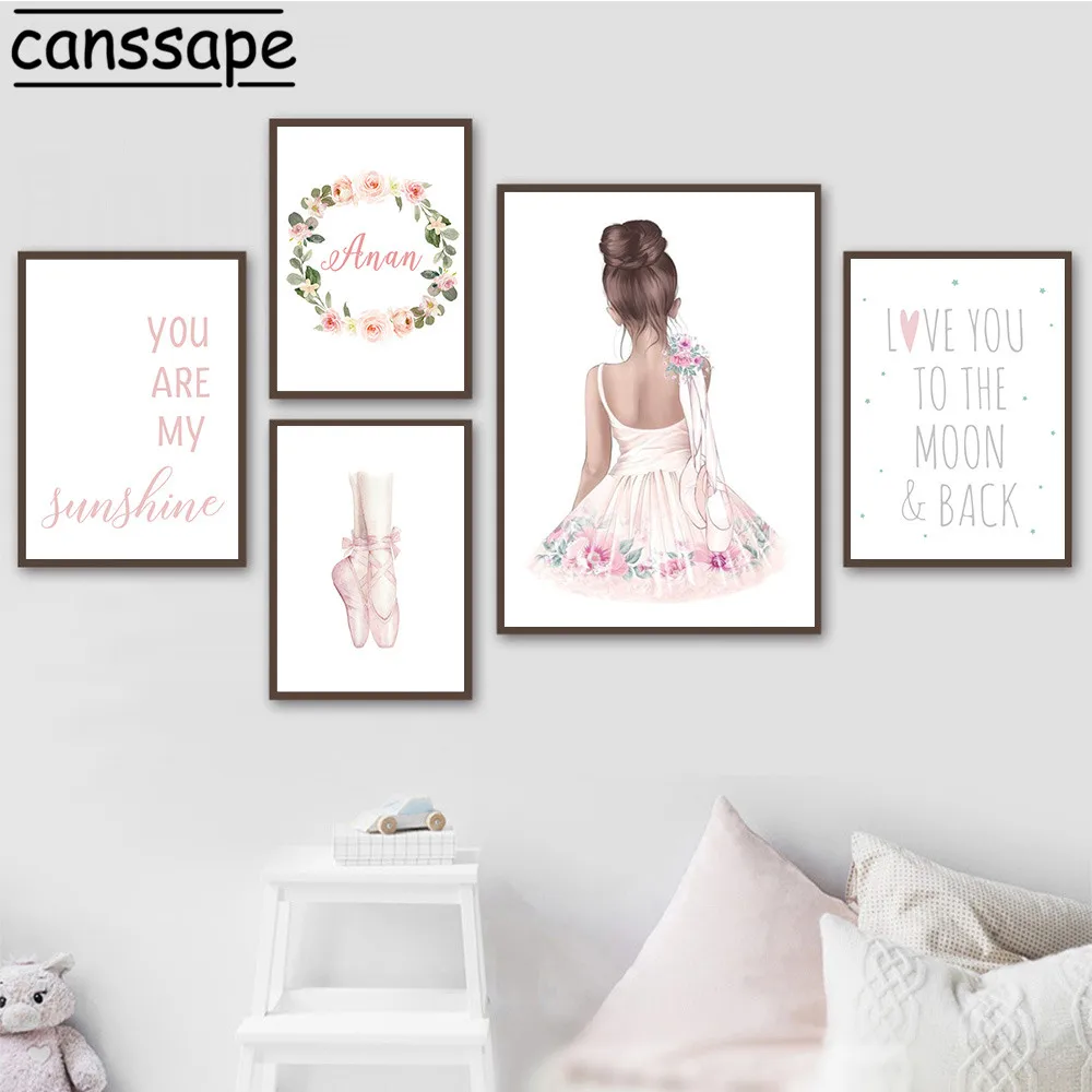 Custom Name Poster Ballet Girl Canvas Painting Nursery Posters Pink Wall Art Prints Nordic Wall Pictures Girl Room Decoration