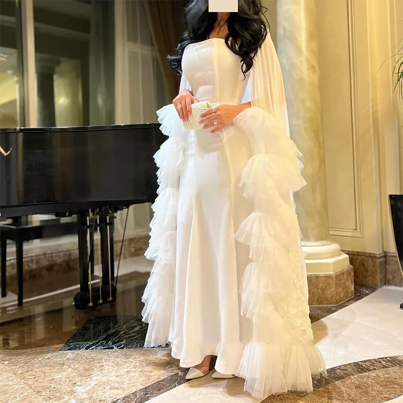 White Elegant Square Neck Formal Evening Dresses Shawl Tiered Ruffle Prom Dresses Customized vestidos a medida