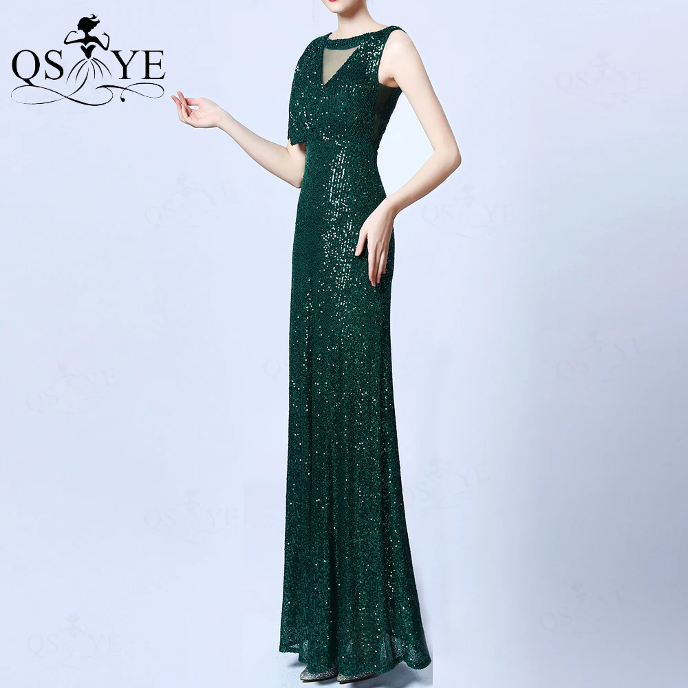 Emerald Green Evening Dresse Bat Sleeves One Shoulder Sequin A line Long Prom Gown Elegant Scoop Neck Glitter Formal Party Dress