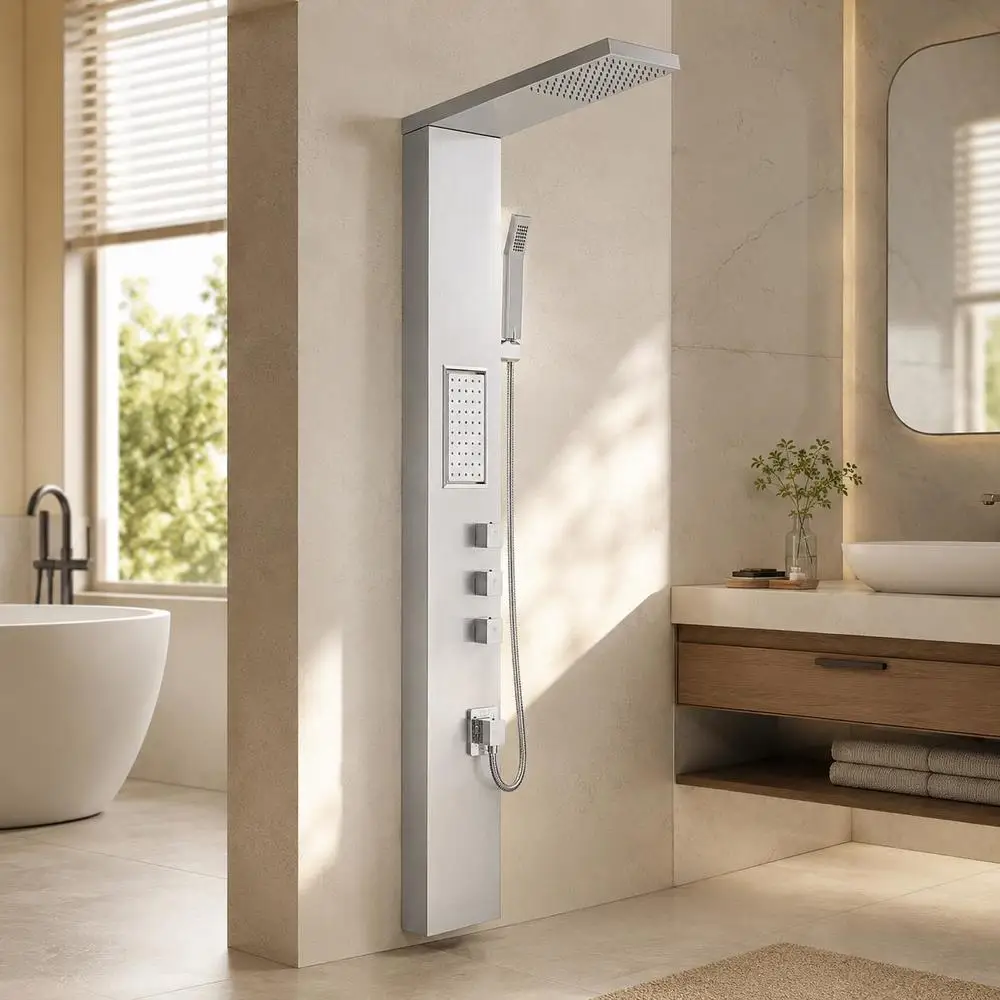 Système de douche mural de 53 pouces, finition nickel brossé avec douchette à main et pulvérisateur corporel, ensemble d'accessoires de salle de bain moderne pour la maison et l'hôtel.