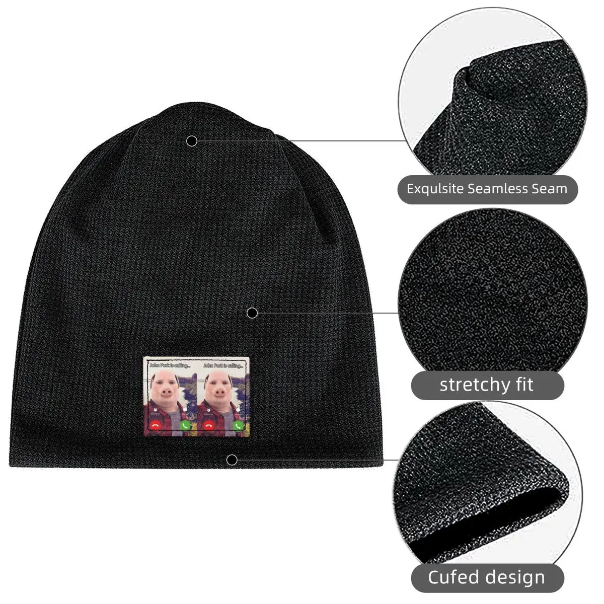 John Pork Is Calling Answer Call Phone Waffle Knit Fleece Lined Beanie with PU Leather Patch Unisex Warm Winter Soft Cap
