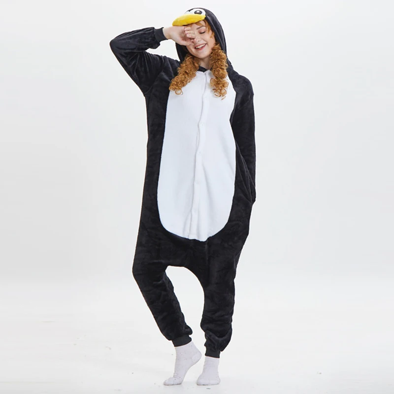 Animal Black Penguin Cosplay Costume Flannel Hooded One Piece Pajamas Christmas Anime Adult Kigurumi Women Men Onesie Pyjamas