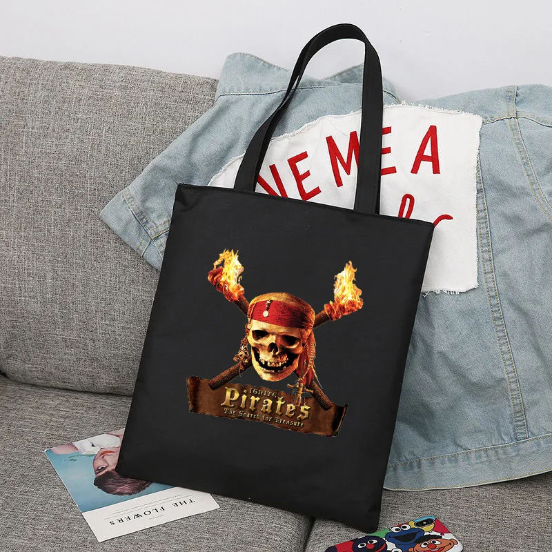 Disney Pirates Of The Caribbean Cartoon Large Capacity Canvas Shoulder Bag Women's Casual Tote Kids Student Shopping Bags