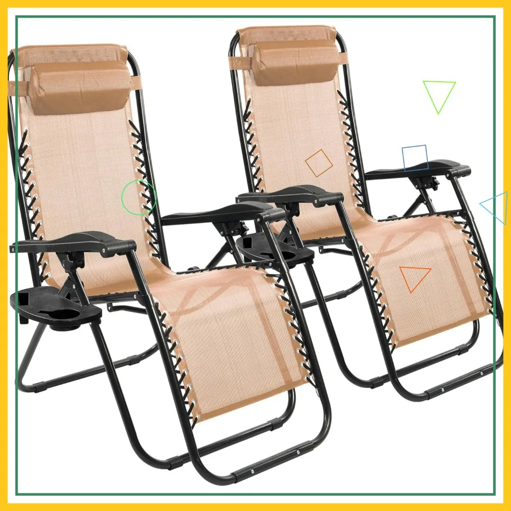 

Zero Gravity Chair Set of 2 with Cup Holder & Pillows, Adjustable Outdoor Folding Lounge Chairs for Pool, Beach, Camping