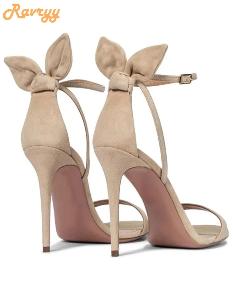 

Nude Suede Bunny Ears Sandals Stiletto Heel Open Toe One Word Belt Women Fashion High Heels Ankle Strap 2024 Summer New Sandals