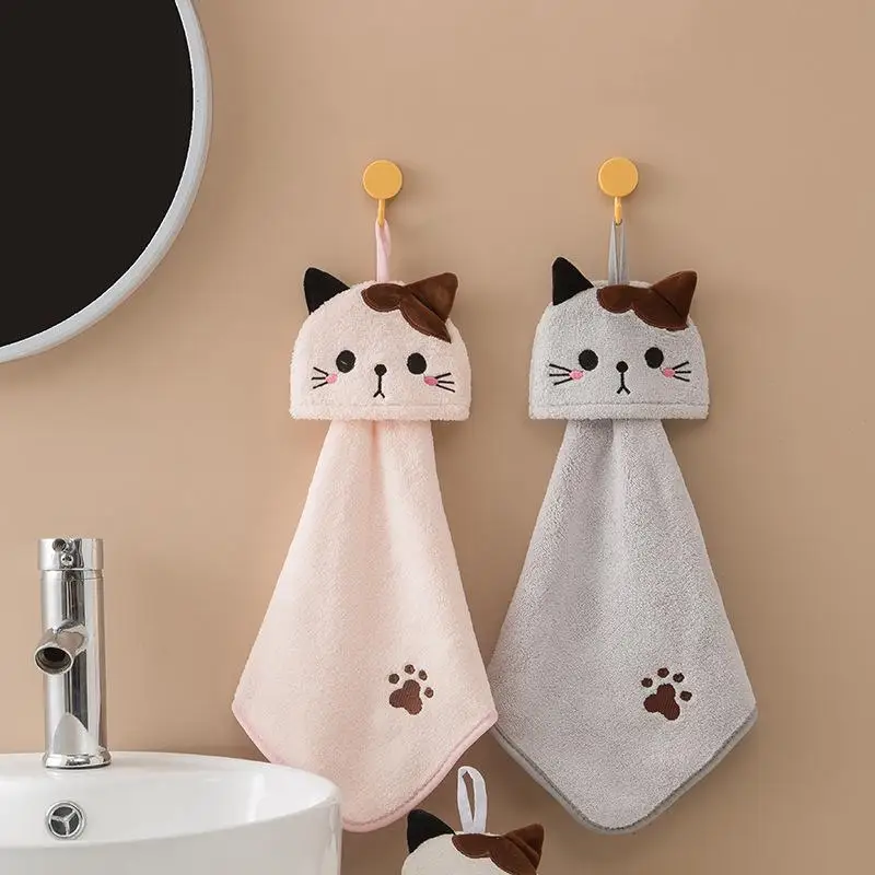 

Cute Cat Kitchen Cleaning Towel Hanging Hand Towels Absorbent Dishcloths Coral Velvet Soft Cleaning Cloth Rag