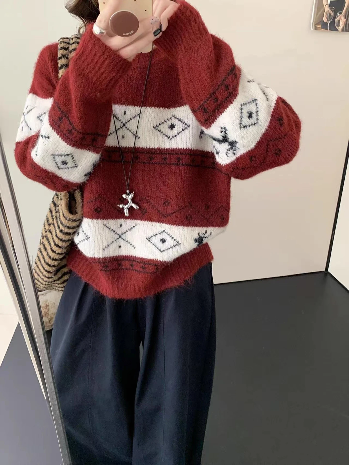 Lose Gestrickte Farbe Blo Floral Stickerei frauen Pullover Winter Neue Sle Vintage runde Ne Lange Sve Polyester Faser