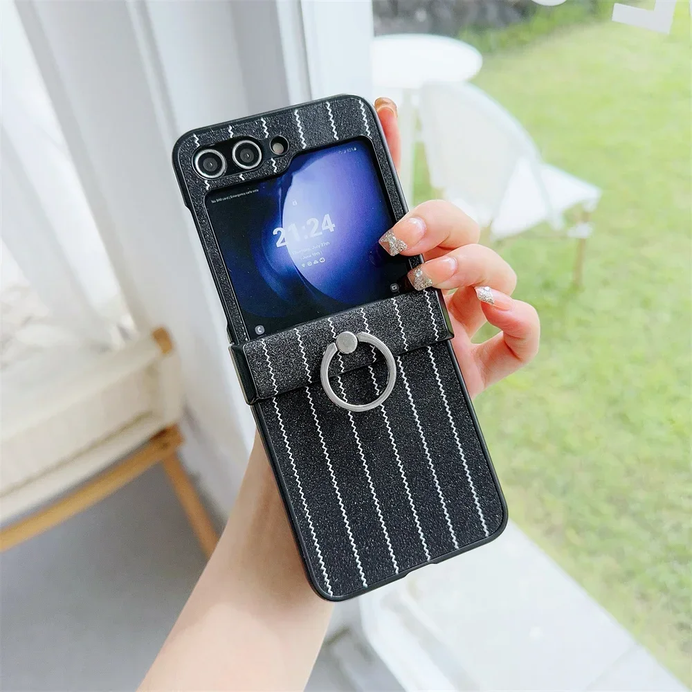 Stripe Pattern PU Leather Ring Holder Stand Phone Case For Samsung Galaxy Z Flip 6 5 4 3 5G Hinge Protection PU Leather Cover